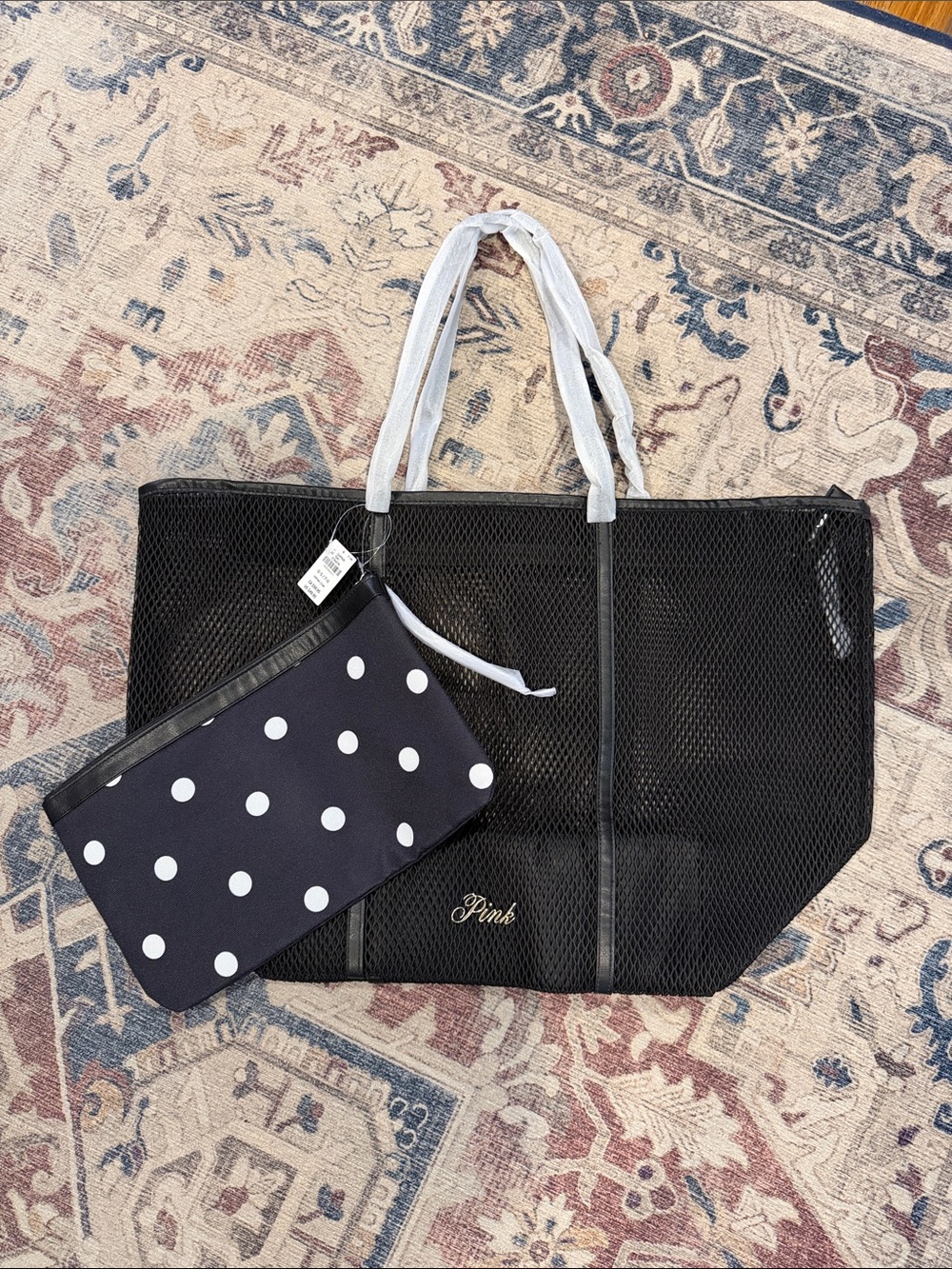 PINK Victoria's Secret Black Mesh Tote Bag with Polka Dot Pouch